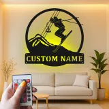 Custom Skier Led Light Metal Wall Art Personalized Gift for Ski Enthusiasts Mountain Lodge Decor