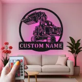 Décoration murale en métal LED personnalisée pour excavateur - Cadeau pour passionnés de construction, décoration de garage ou de bureau
