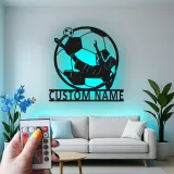 Panneau Métallique de Joueur de Soccer Personnalisé | Décoration Murale LED de Nom pour Chambre de Garçon | Silhouette de Coup de Pied de Bicyclette | Cadeau pour Athlète