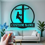 Lineman LED Metal Wall Art | Personalized Electrician Name Sign | Custom Utility Worker Gift
