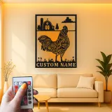 Panneau LED en métal personnalisé de coq | Art mural de cuisine de ferme moderne | Décor de grange rustique personnalisé