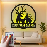 Cartel de metal personalizado con silueta de ciervo y luz LED, regalo para amantes de la naturaleza, decoración rústica para cabañas