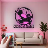Panneau Métallique de Joueur de Soccer Personnalisé | Décoration Murale LED de Nom pour Chambre de Garçon | Silhouette de Coup de Pied de Bicyclette | Cadeau pour Athlète