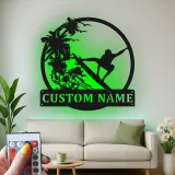 Custom Surfer Metal Wall Art | Personalized LED Beach House Decor | Tropical Wave Silhouette Sign | Gift for Ocean Lovers