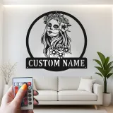 Cartel LED de calavera de azúcar personalizado | Arte mural de metal del Día de los Muertos | Decoración gótica personalizada | Regalo del Día de los Muertos