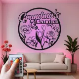Cartel personalizado del jardín de la abuela | Arte mural de metal LED | Decoración floral de mariposa personalizada | Regalo del Día de la Madre para Nana