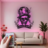 Insegna in metallo LED Teschio Steampunk | Insegna con Nome Personalizzato per Man Cave | Decorazione per Stanza di Gioco Gotica con Cappello a Cilindro e Ingranaggi