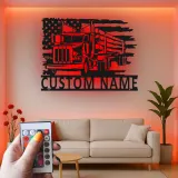Décoration métal camion de grumes personnalisée | Plaque prénom camionneur avec LED | Décor man cave drapeau américain | Cadeau patriotique