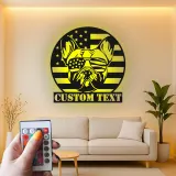 Décoration murale en métal personnalisée avec bulldog et drapeau américain éclairée LED - Cadeau patriotique pour les amoureux des chiens