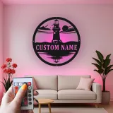 Panneau en métal phare LED personnalisé | Art mural nautique personnalisé | Décor côtier et maison de plage