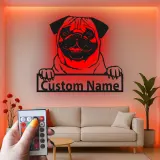 Insegna LED Pug Personalizzata | Insegna in Metallo per Cani | Regalo per Amanti degli Animali e Decorazione per Nursery | Silhouette di Cucciolo Realistica