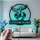 Insegna in Metallo Personalizzata con Alce | Arte Murale Faunistica con LED | Decorazione Rustica per Rifugio o Casa