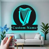 Enseigne LED personnalisée en forme de harpe | Décoration murale en métal sur mesure pour bar à domicile et pub | Plaque prénom pour musicien | Décor de bar inspiré de l’Irlande