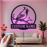 Décoration murale en métal personnalisée avec lumière LED en forme de cardinal - Cadeau pour amoureux de la nature - Décor de jardin ou de patio