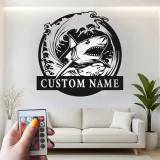 Arte da parete in metallo con squalo bianco | Insegna LED personalizzata per ufficio e taverna | Decorazione su misura con onda oceanica | Regalo marino e nautico