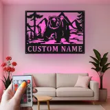 Décoration murale en métal personnalisée Bear Mountain avec rétroéclairage LED - Cadeau pour les amoureux de la nature, décoration de chalet ou de lodge
