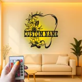 Custom Floral Tooth Led Light Metal Wall Art Personalized Dental Office Decor Unique Dentist Gift