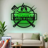 Custom Grill & Chill LED Metal Sign | BBQ Patio Wall Decor | Outdoor Kitchen Art | Personalized Gift for Grill Master Dad