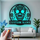 Custom Sugar Skull Metal Sign | Personalized LED Wall Art | Day of the Dead Decor | Gothic Home & Studio Accent Gift