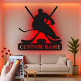Custom Hockey Player Metal Sign | LED Light Wall Art | Personalized Game Room Decor | Hockey Fan Gift