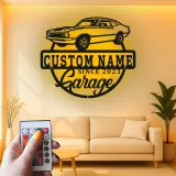 Décoration murale en métal personnalisée avec rétroéclairage LED de voiture classique - Cadeau de garage pour lui