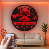 Insegna in metallo con gufo reale | Arte murale LED con nome personalizzato | Decorazione rustica su misura per baita e lodge per lui