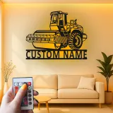 Arte mural de metal de rodillo de carretera | Cartel LED de construcción personalizado | Decoración de maquinaria pesada personalizada para regalo de contratista