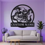 Panneau en métal LED Crâne & Pieuvre | Décoration murale nautique gothique personnalisée | Décor de pirate sur mesure pour salle de loisirs, bar ou studio