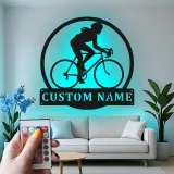 Custom Cyclist Led Light Metal Wall Art Personalized Gift for Biking Enthusiasts Garage or Home Gym Decor