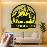 Cartel de metal LED personalizado de Bisonte y Montaña, regalo para amantes de la naturaleza, decoración rústica de cabaña 1