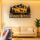 Custom Deer Mountain Scene Led Light Metal Wall Art Personalized Nature Gift for Outdoor Lovers Cabin Decor