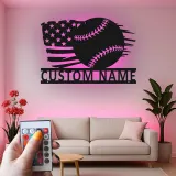 Insegna in metallo personalizzata con luce LED bandiera americana per baseball, regalo sportivo per fan del baseball, decorazione per sala giochi