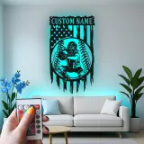 Insegna in metallo personalizzata con luce LED per catcher di baseball - Regalo personalizzato per appassionati di baseball e decorazione per stanze sportive
