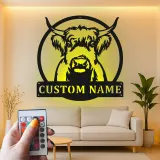 Highland Cow LED Metal Sign | Personalized Farmhouse Wall Art | Custom Family Name Decor for Rustic & Modern Homes