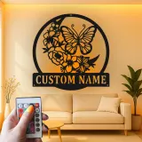 Décoration murale en métal personnalisée Papillon et Fleurs avec Rétroéclairage LED Cadeau pour Amateurs de Nature Décor de Chambre ou de Jardin