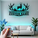 Insegna in metallo LED a forma di corna di cervo personalizzata - Regalo per nome di famiglia per decorazione rustica di cabin