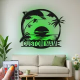 Cartel de metal personalizado con delfines al atardecer y luz LED, regalo para amantes de la playa, decoración costera para el salón