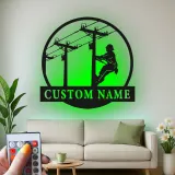 Lineman LED Metal Wall Art | Personalized Electrician Gift | Custom Name Sign for Industrial Decor, Man Cave | RGB Light Up Utility Pole