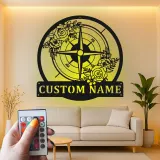Décoration murale en métal personnalisée avec rétroéclairage LED - Rose des vents - Cadeau de mariage personnalisé - Décor nautique pour salon
