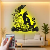 Décoration murale en métal personnalisée Chat et Fleurs avec rétroéclairage LED Cadeau pour amoureux des chats Décor de chambre ou de salon