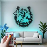 Custom Horse LED Metal Sign | Personalized Horseshoe Cross Wall Art | Equestrian Ranch Decor for Horse Lovers