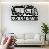 Insegna LED in metallo personalizzata con camion della spazzatura | Arte murale con nome su misura | Regalo per operatore ecologico | Arredo per gestione rifiuti