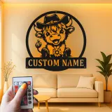 Cartel de metal LED de vaca de vaquero personalizado, regalo de granja para decoración de guardería o habitación infantil