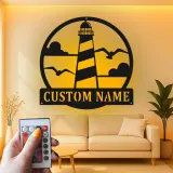 Décoration murale en métal personnalisée avec phare et rétroéclairage LED - Cadeau côtier, décoration nautique pour maison de plage