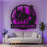 Décoration murale en métal personnalisée avec un bison en forêt, rétroéclairage LED, cadeau de faune personnalisé pour les amoureux de la nature, décoration de cabane