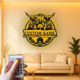 Highland Cow Metal Sign with LED | Personalized Farmhouse Wall Art | Custom Rustic Ranch Decor & Family Name Gift