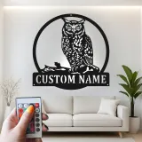 Insegna LED in metallo con gufo reale | Decorazione murale personalizzata per amanti della natura | Arredo rustico da baita