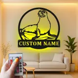 Custom Sea Lion Metal Wall Art | LED Light Nautical Decor | Personalized Ocean Lover Gift | Marine Life Name Sign
