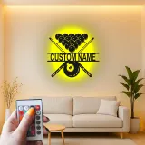 Arte murale in metallo LED Biliardi Personalizzata | Insegna per sala giochi di Pool Room | Decorazione illuminata 8 Ball e Stecca | Regalo per sala giochi per lui