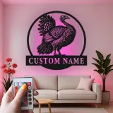 Décoration murale en métal LED personnalisée avec dinde - Cadeau pour chasseurs, décoration de ferme rustique